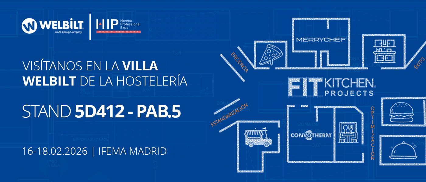 Banner de Welbilt para HIP 2026 en IFEMA Madrid. Texto: Visítanos en la Villa Welbilt de la Hostelería, Stand 5D412, Pabellón 5. Fechas: 16 al 18 de febrero de 2026.