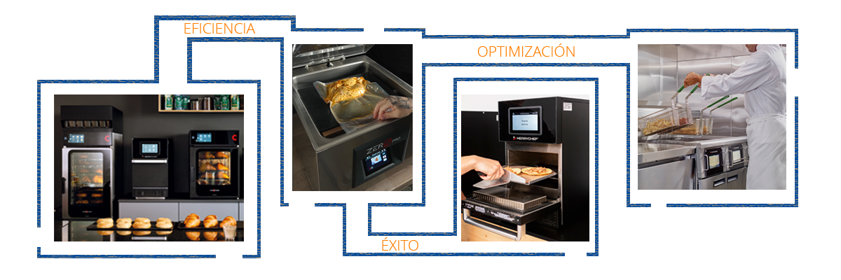 Diagrama que conecta cuatro fotos de equipos de cocina profesional: hornos Convotherm bajo "EFICIENCIA", una envasadora al vacío ZERO bajo "OPTIMIZACIÓN", un horno rápido Merrychef sobre "ÉXITO", y una freidora industrial a la derecha.