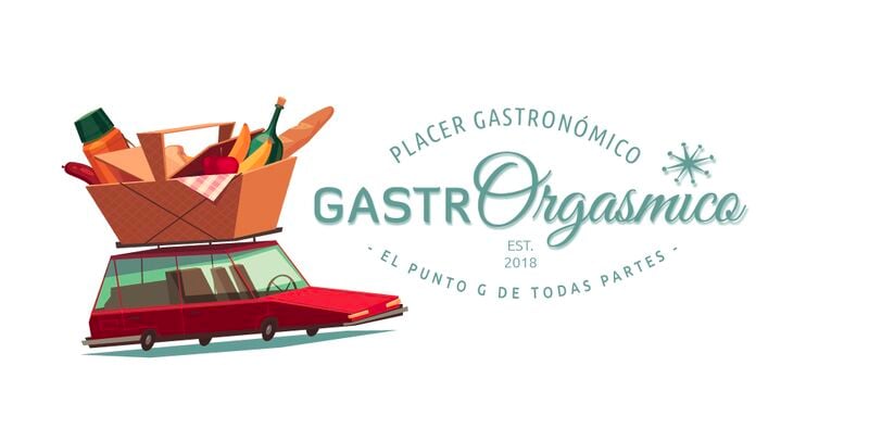 GastrOrgasmico - Placer gastronómico y experiencias culinarias para llevar. Logo con coche retro y cesta de comida GastrOrgasmico - Placer gastronómico y experiencias culinarias para llevar. Logo con coche retro y cesta de comida